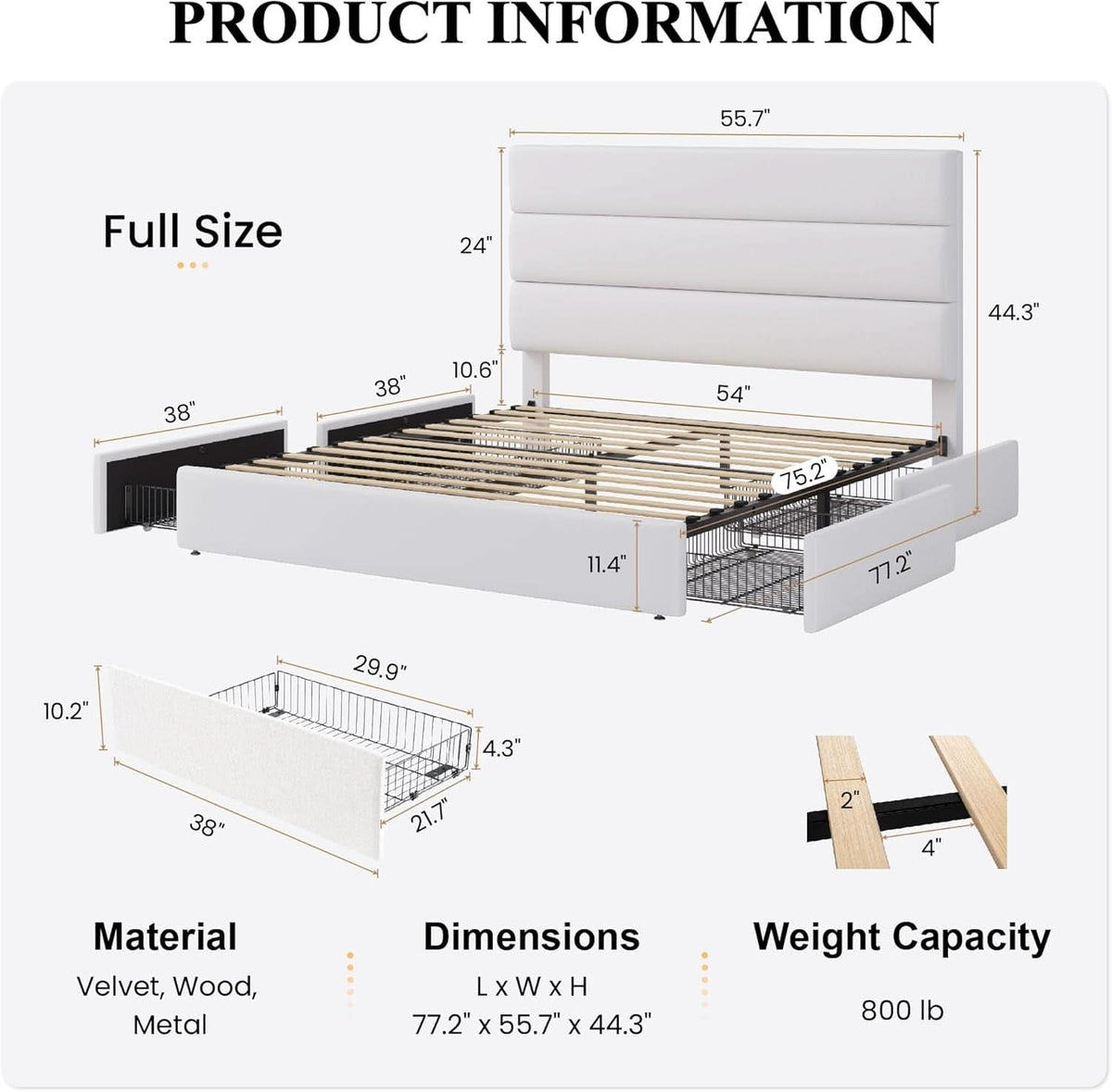 Full Size Platform Bed Underbed Storage Drawers White