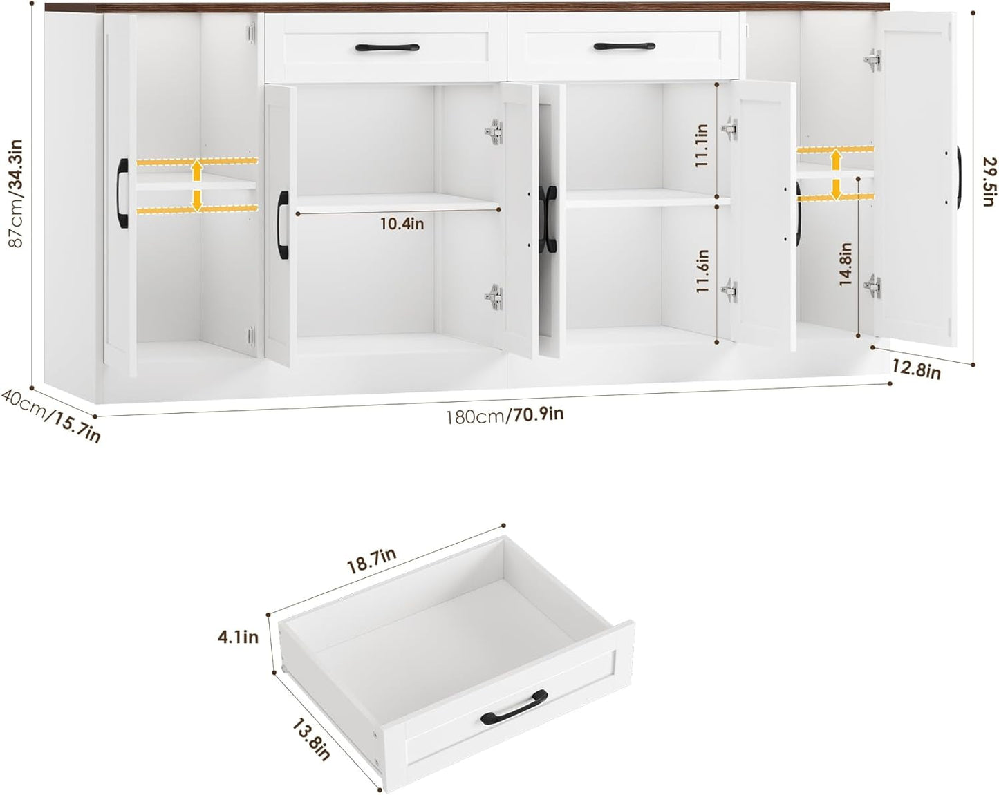 71-Inch White Side board Buffet Cabinet Soft-Close Doors