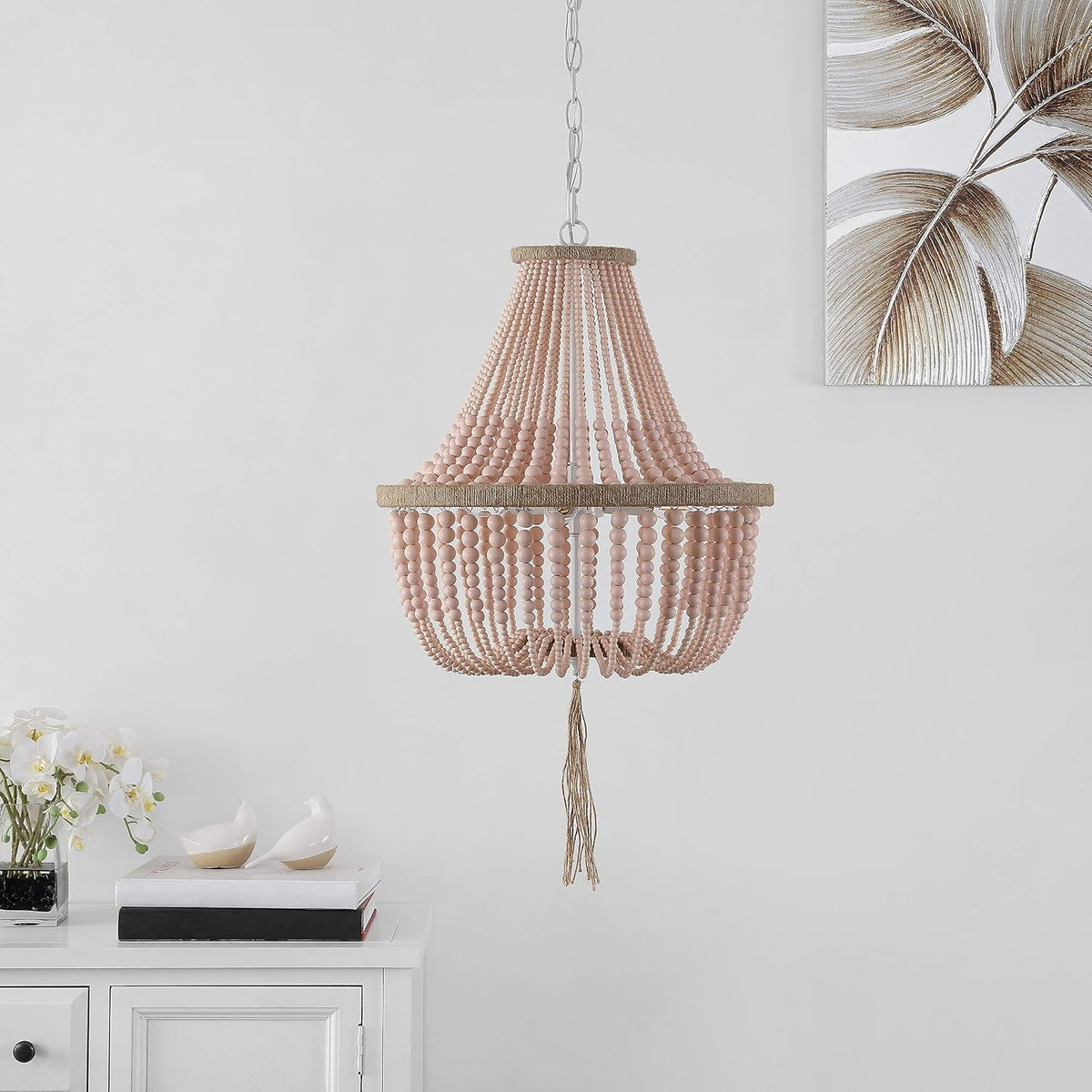 Handcrafted Beaded Blush Pink Three Light Pendant Chandelier-3