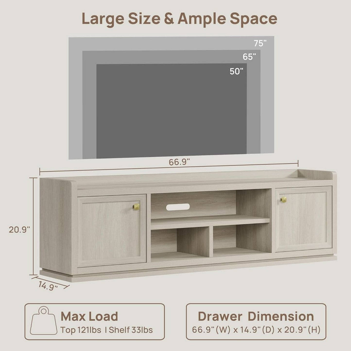 67 Inch TV Stand Grey White Oak Entertainment Center