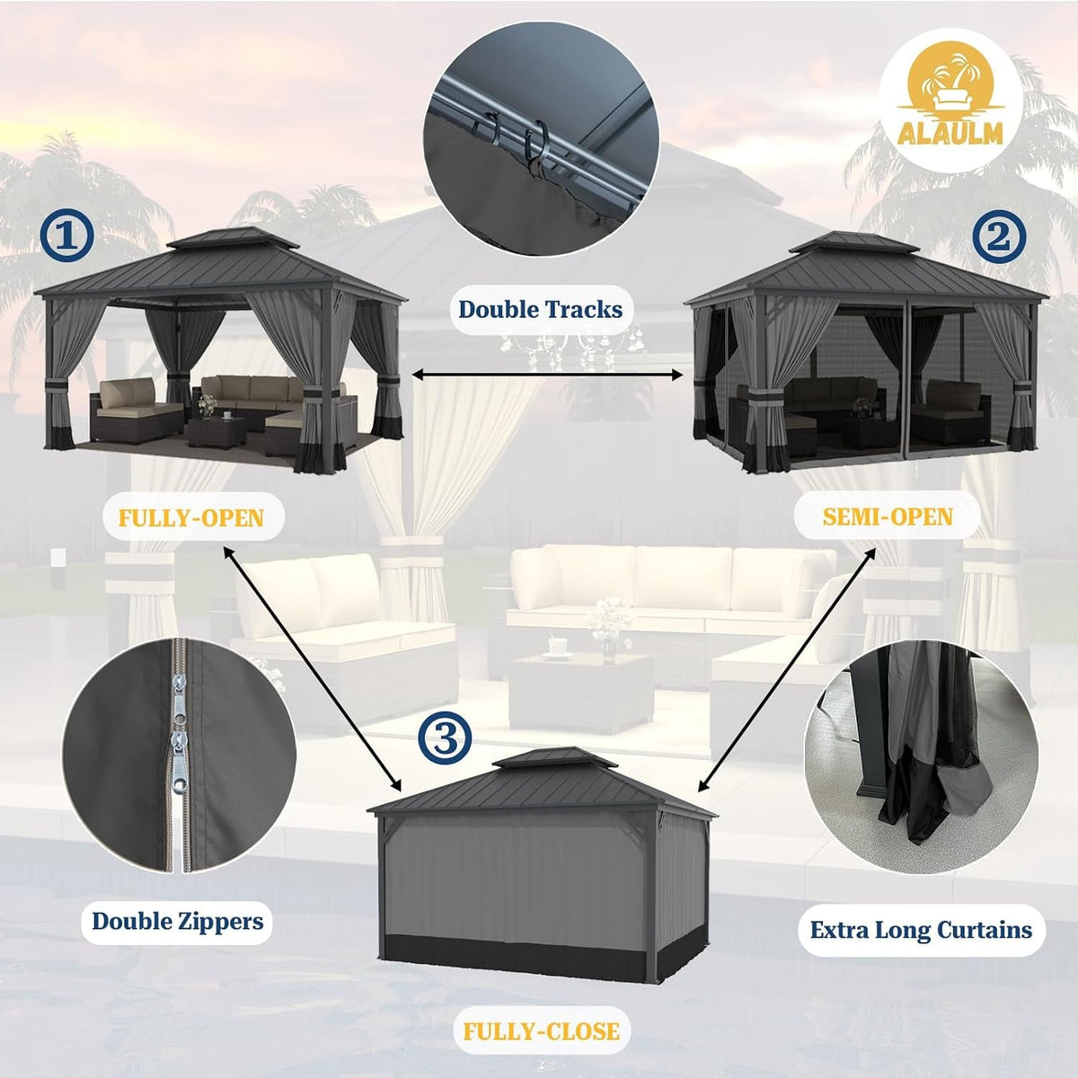 12x14 Gray Hardtop Gazebo Outdoor Weatherproof Netting