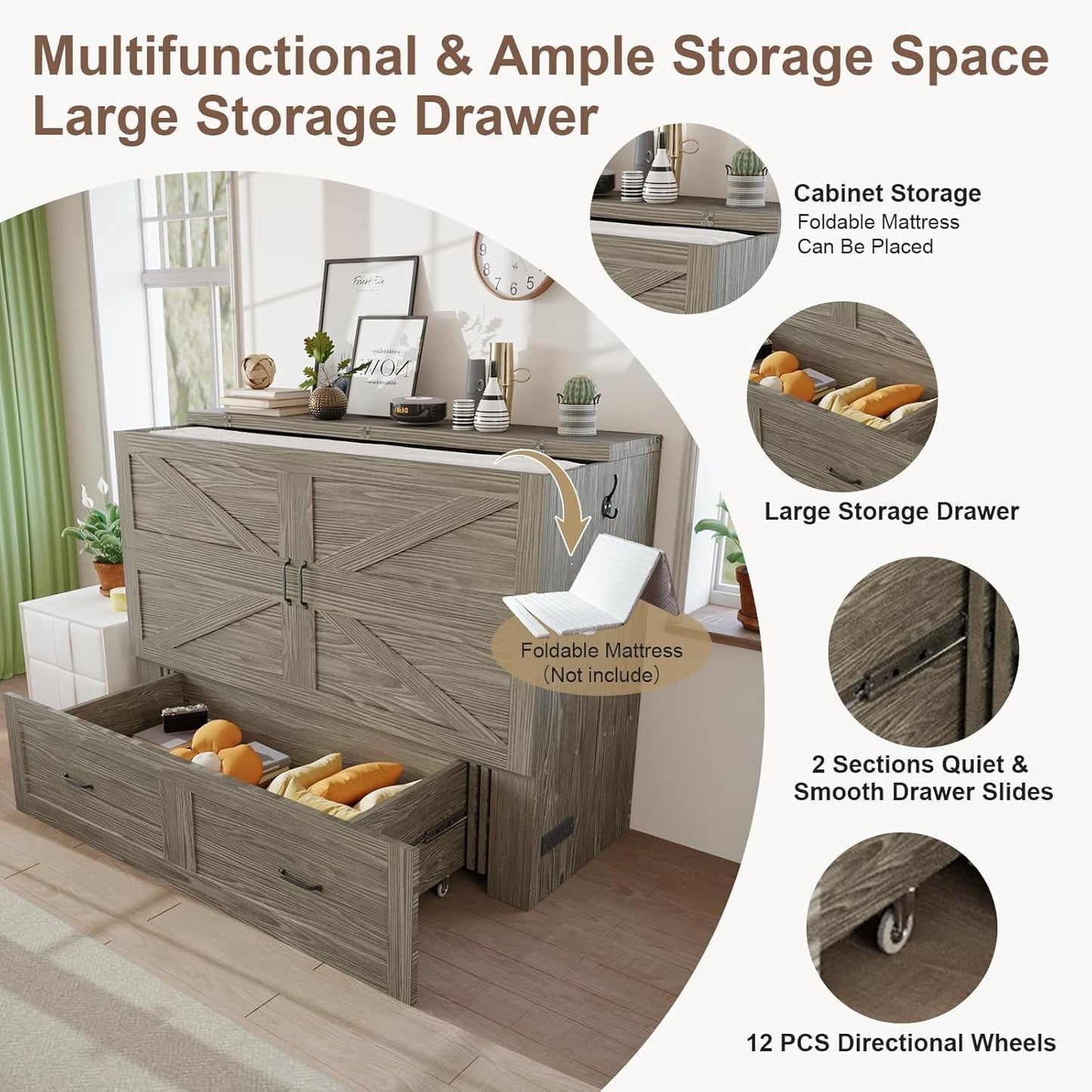 Grey Queen Murphy Cabinet Bed With Generous Storage