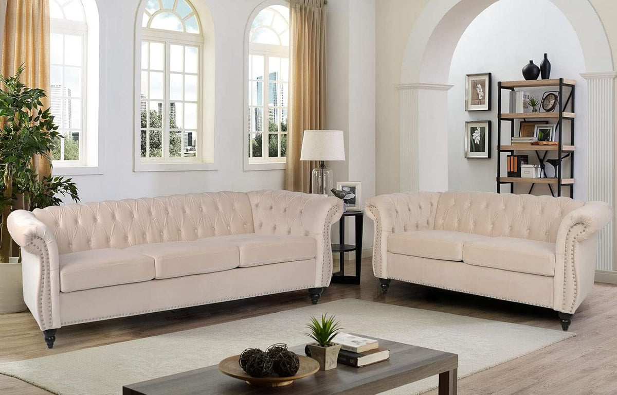 Three Piece Velvet Chesterfield Living Room Sofa Set Beige With Club Chair And Loveseat-3