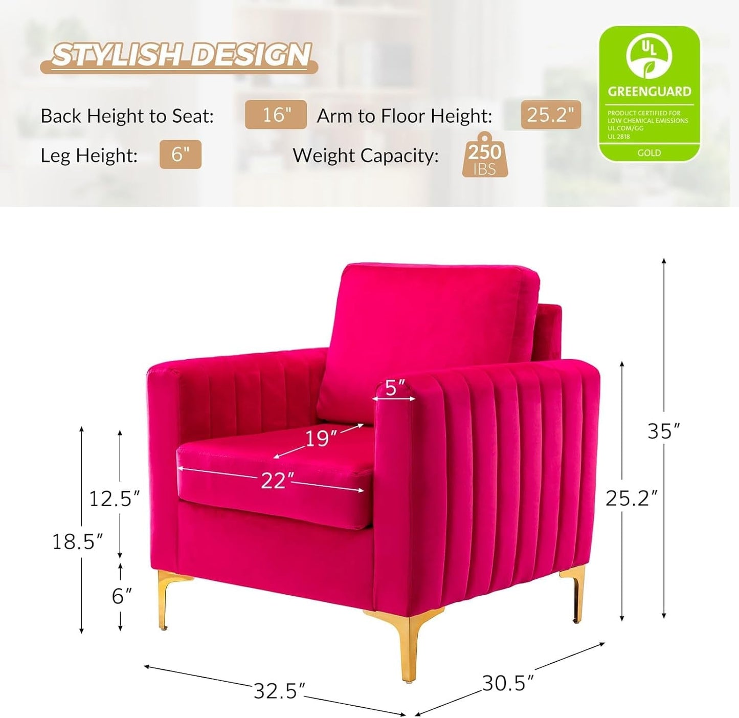 Fuchsia Velvet Upholstered Armchair With Gold Legs