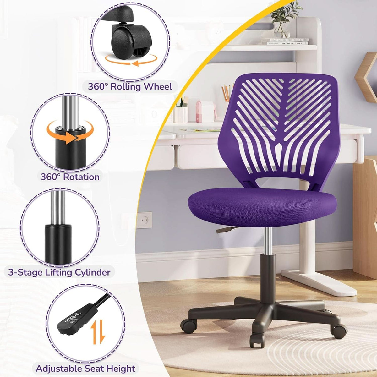 Purple Adjustable Desk Chair With Lumbar Support Swivel