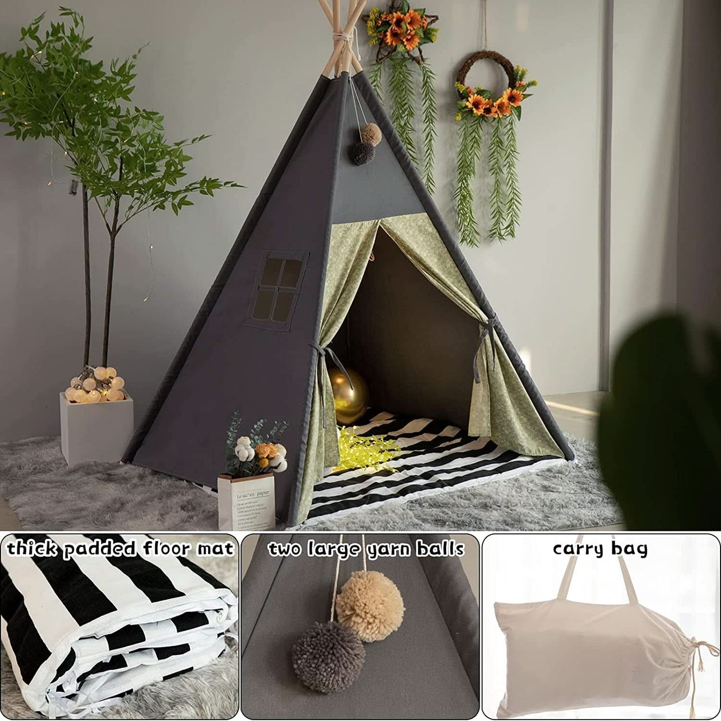 Charcoal Grey Teepee Playhouse With Cushioned Mattress