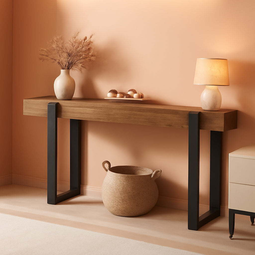 63-Inch Long Console Table, Solid Wood Sofa Table behind the Couch with Metal Support