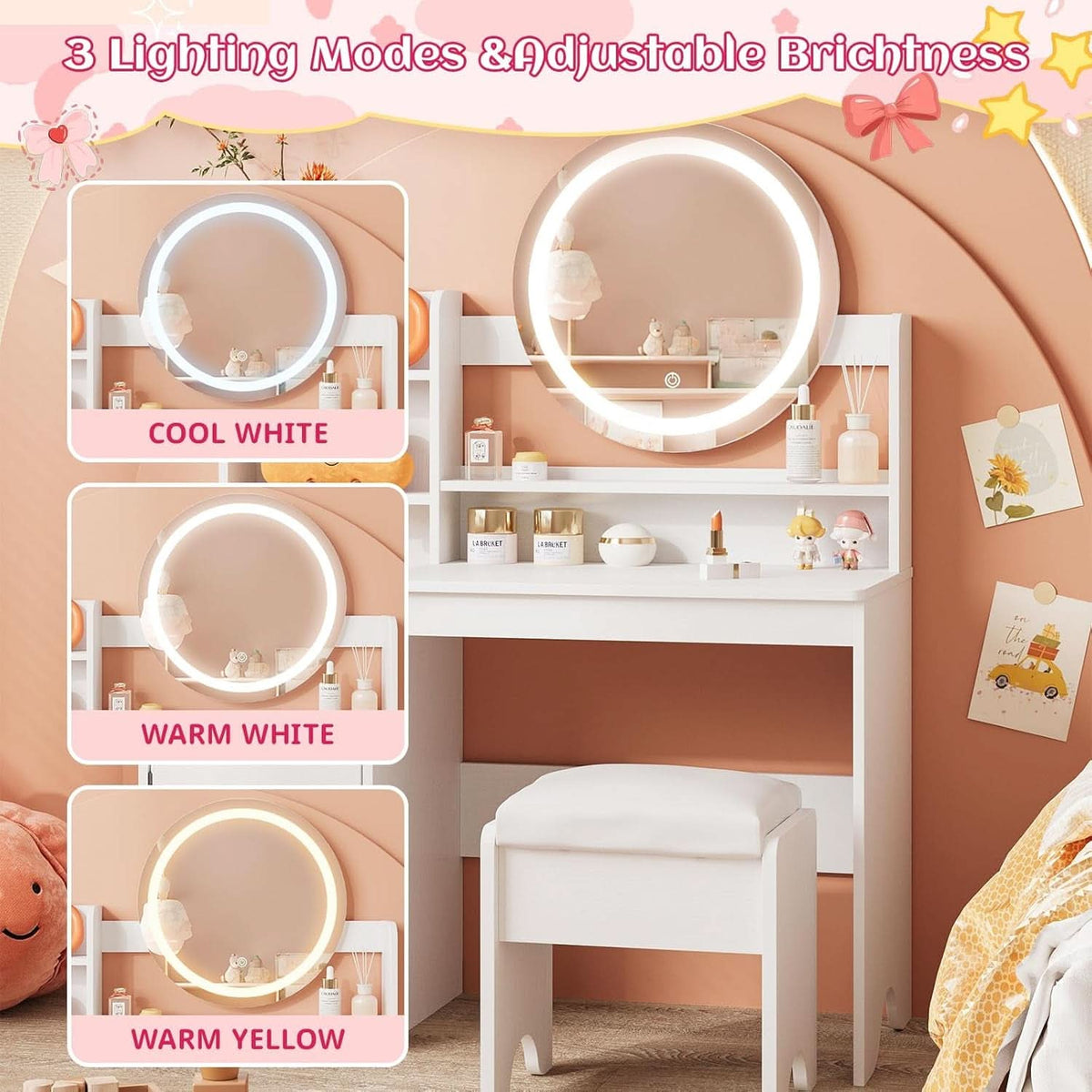 Kids Vanity Table Illuminated Ambient LED Lighting White