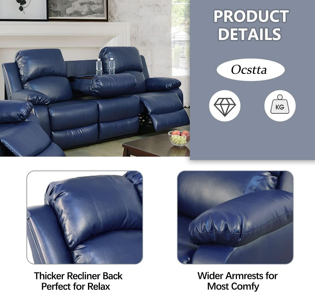 Manual Leather Recliner Sofa Set Blue Living Room Furniture
