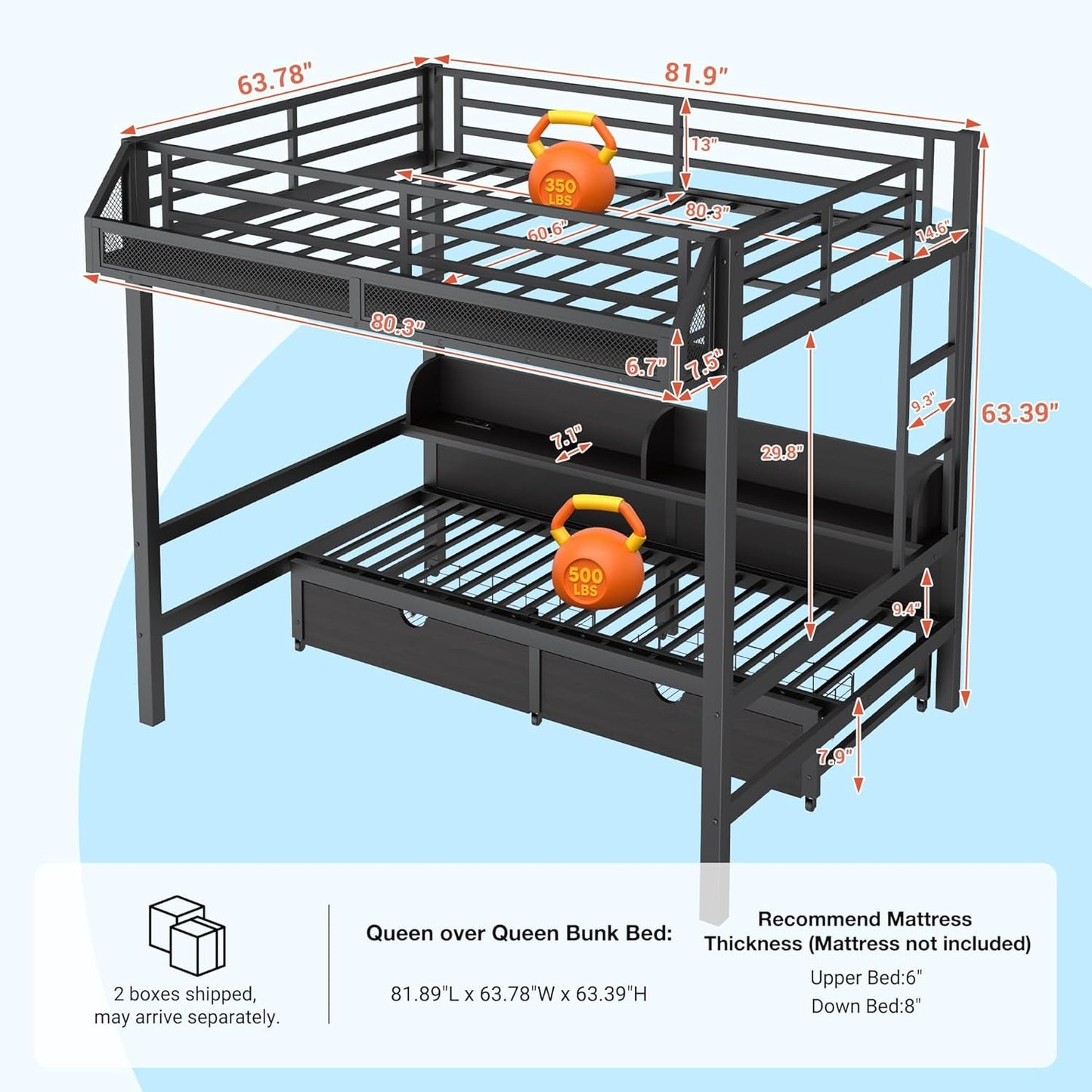 Queen Over Queen Bunk Bed With Integrated Storage Drawers