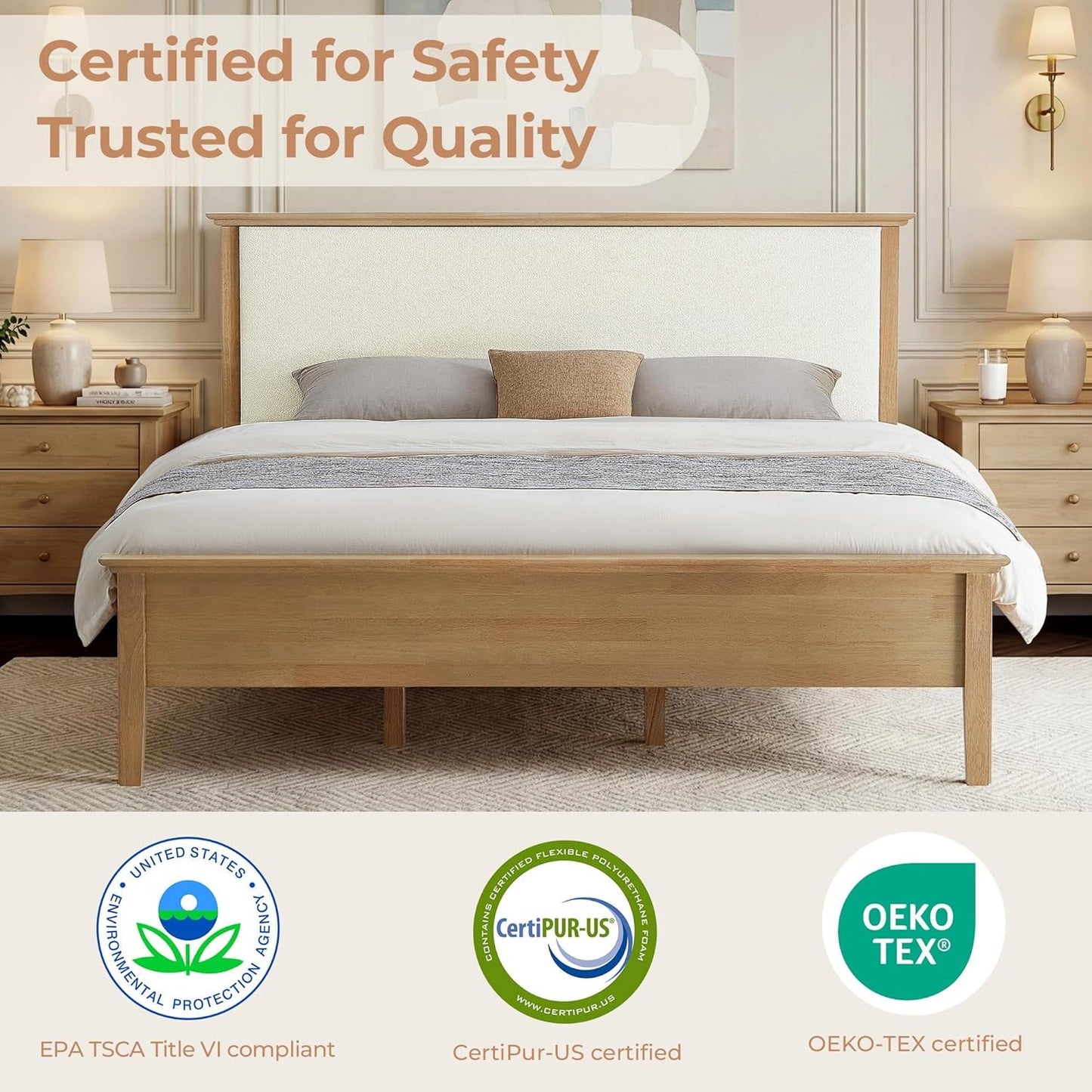 Queen Size Natural Boucle Upholstered Platform Bed