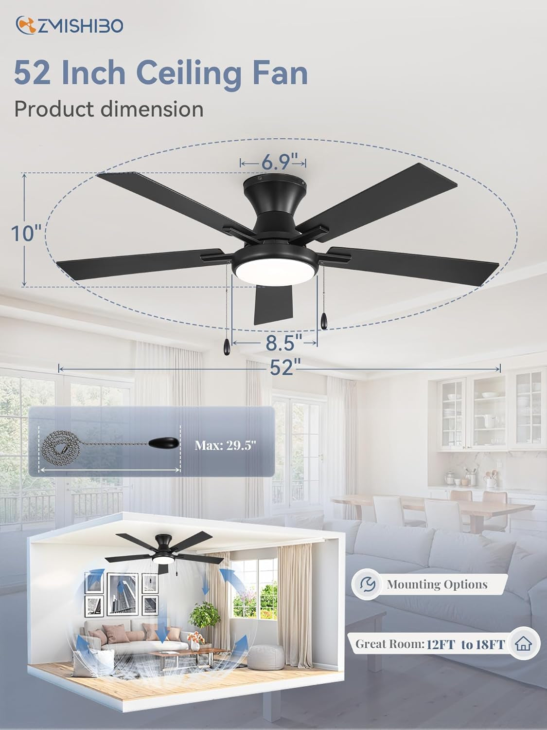 Fifty Two Inch Black UltraQuiet Ceiling Fan Dimmable Lights