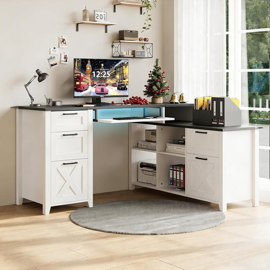 White Farmhouse L Shaped Desk With USB Charging 59 Inch Desk
