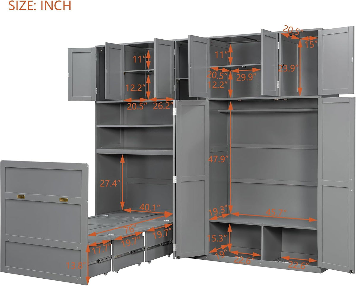 Twin Size Charcoalgray Murphy Cabinet Bed Wardrobe-3