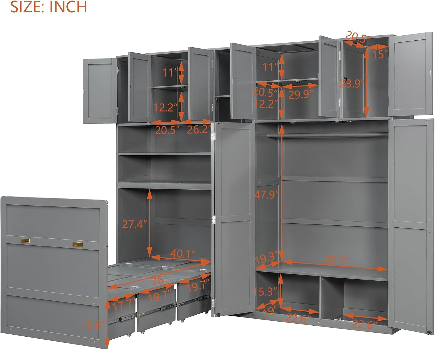 Twin Size Charcoalgray Murphy Cabinet Bed Wardrobe-3