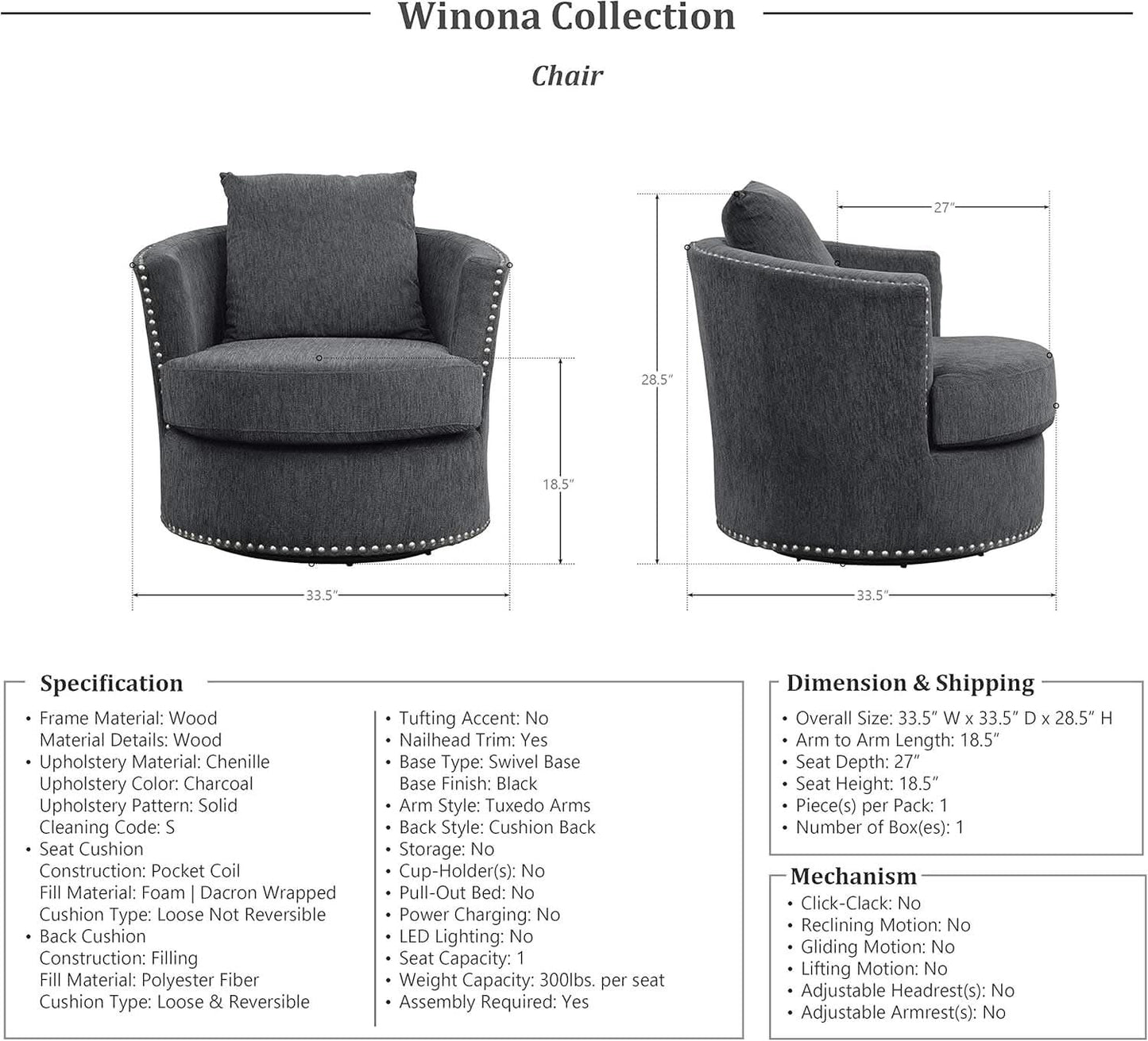 Charcoal 3 Piece Living Room Set With Chenille Upholstery