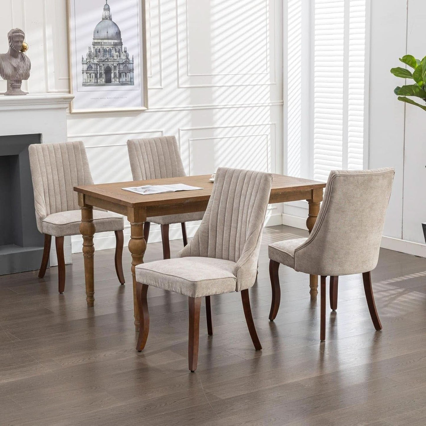 Velvet Dining Chairs Set of 4 Beige With Curved Wood Legs