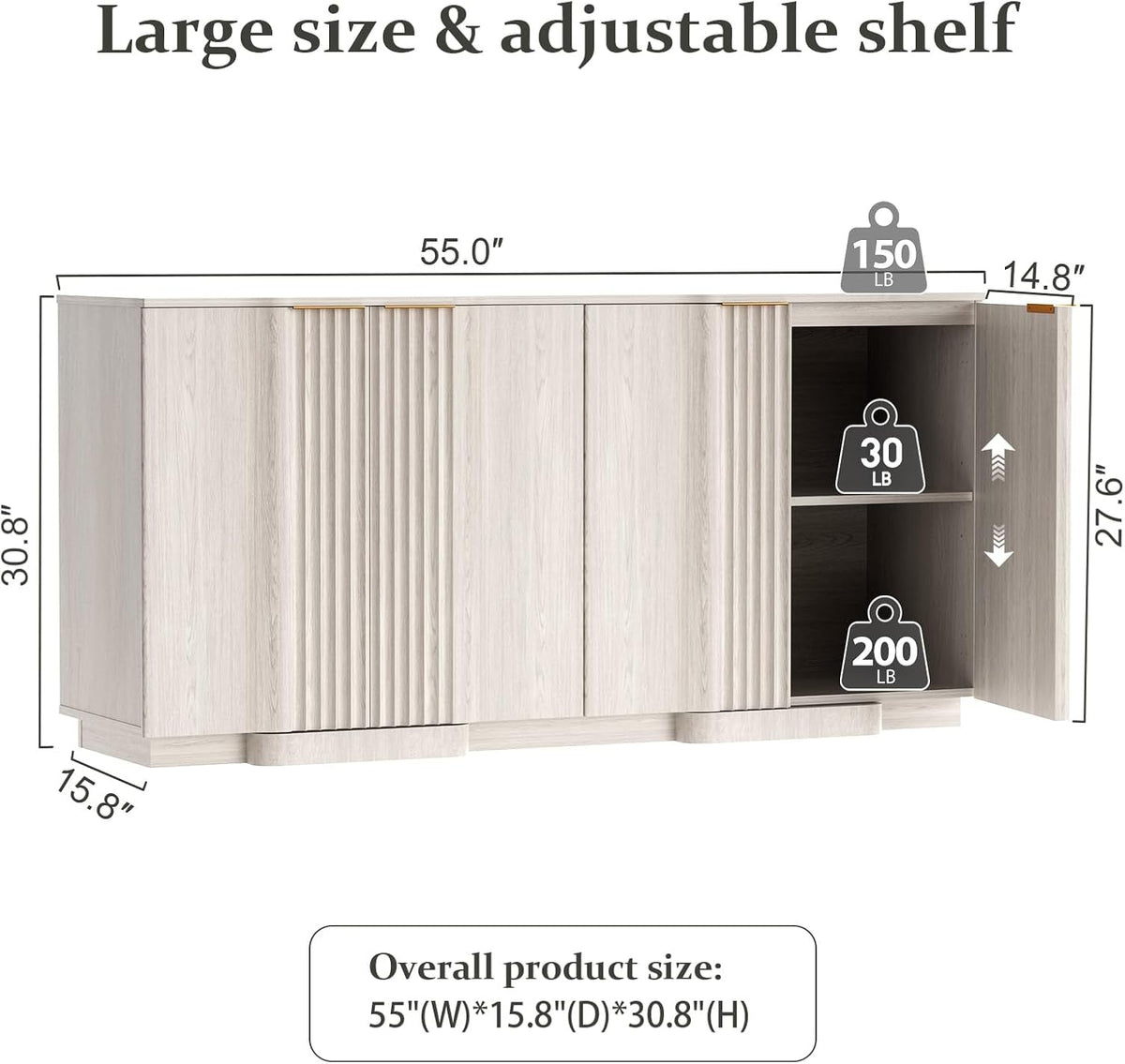 White Fluted Sideboard Cabinet With Adjustable Shelves