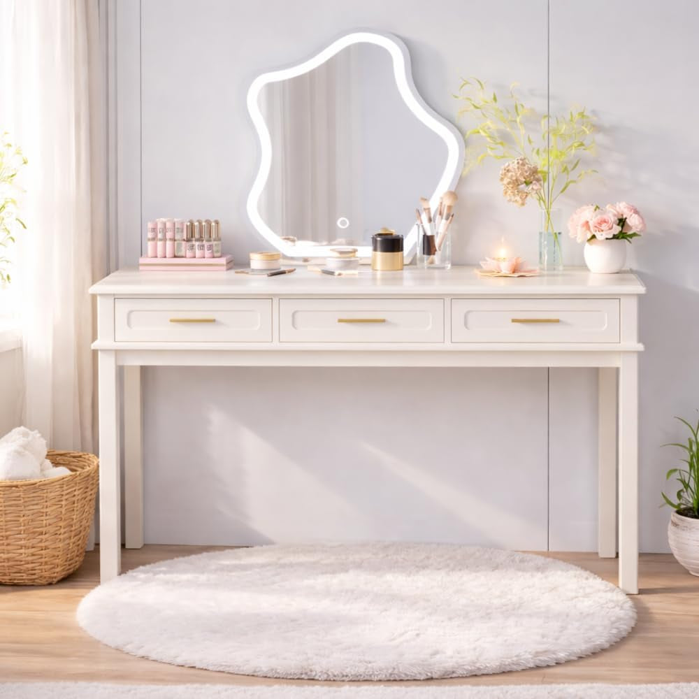 Cream White Vanity Desk Featuring Contemporary Drawers