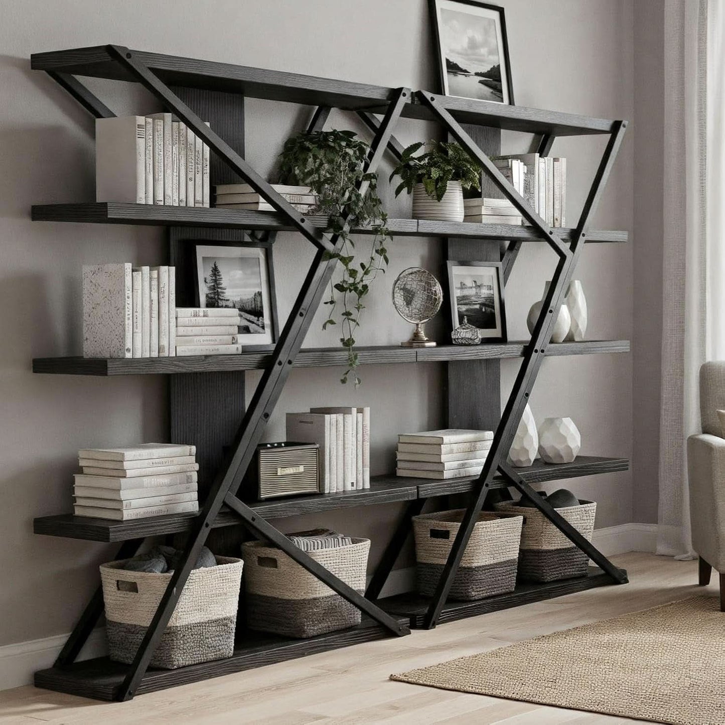 Industrial Book shelf Five Tier Solid Oak Wood Metal