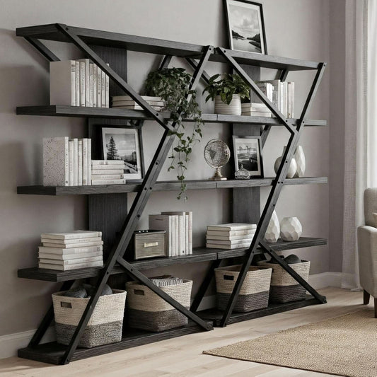 Industrial Book shelf Five Tier Solid Oak Wood Metal