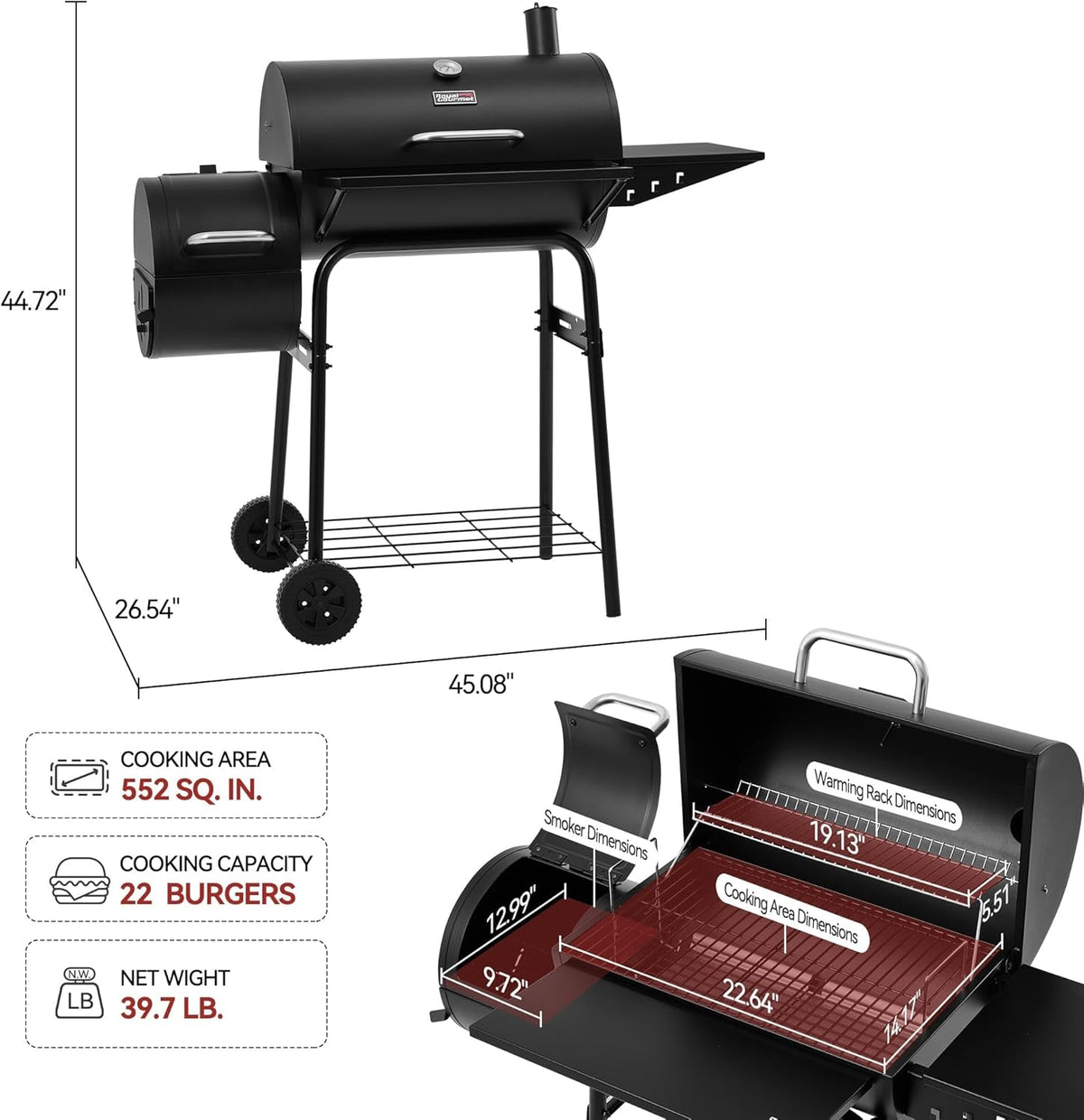 Black PorcelainEnamelCoated Barrel Charcoal Grill Offset Smoker