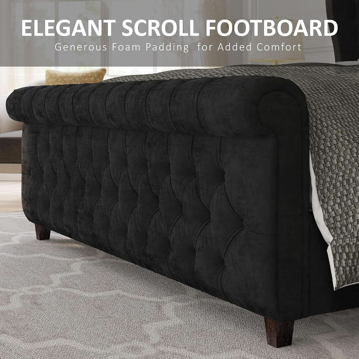 Queen Velvety Platform Bed Frame Black Upholstered