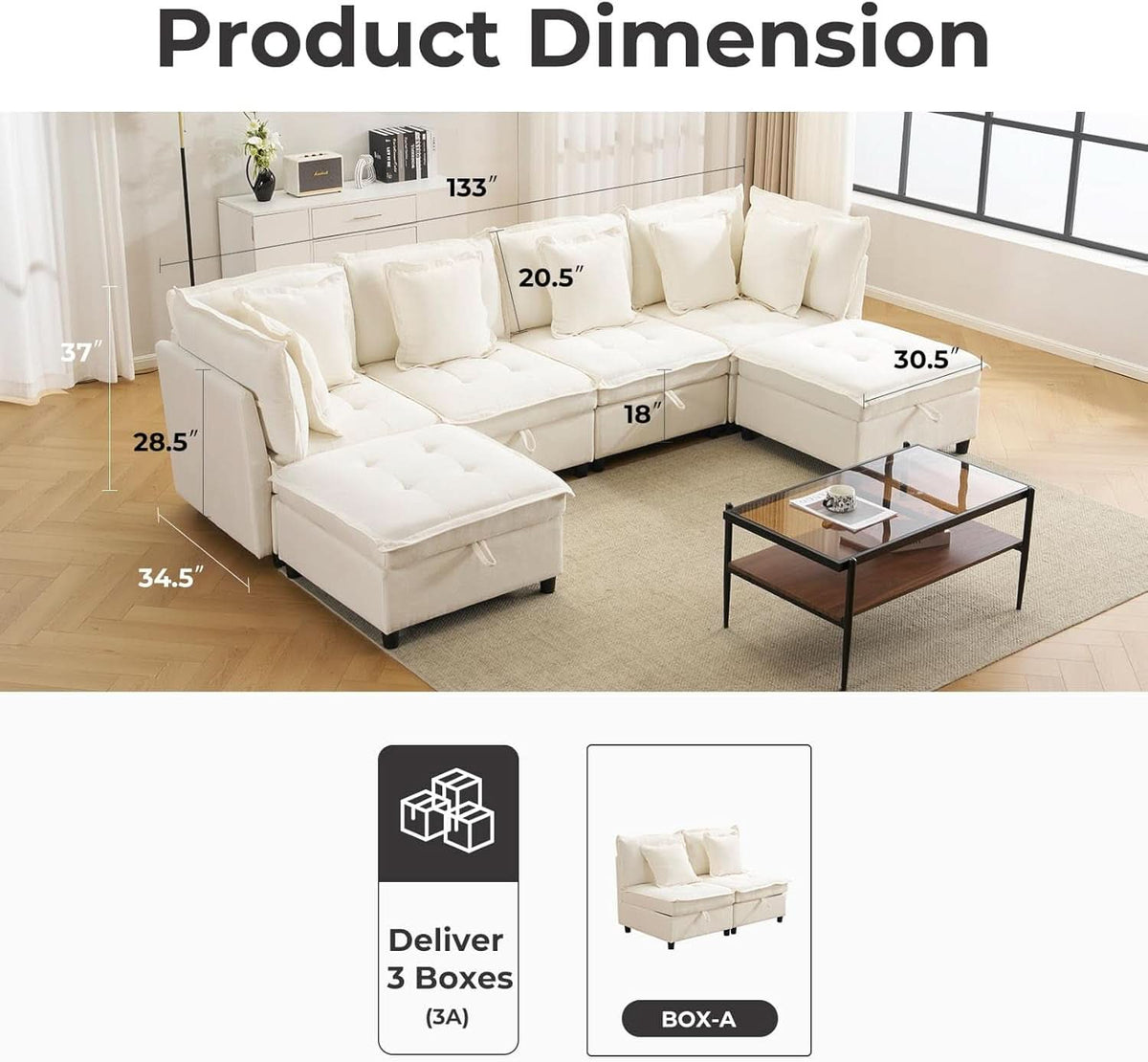 White OneThirtyThreeInch Modular Sectional Sofa Hidden Storage-1