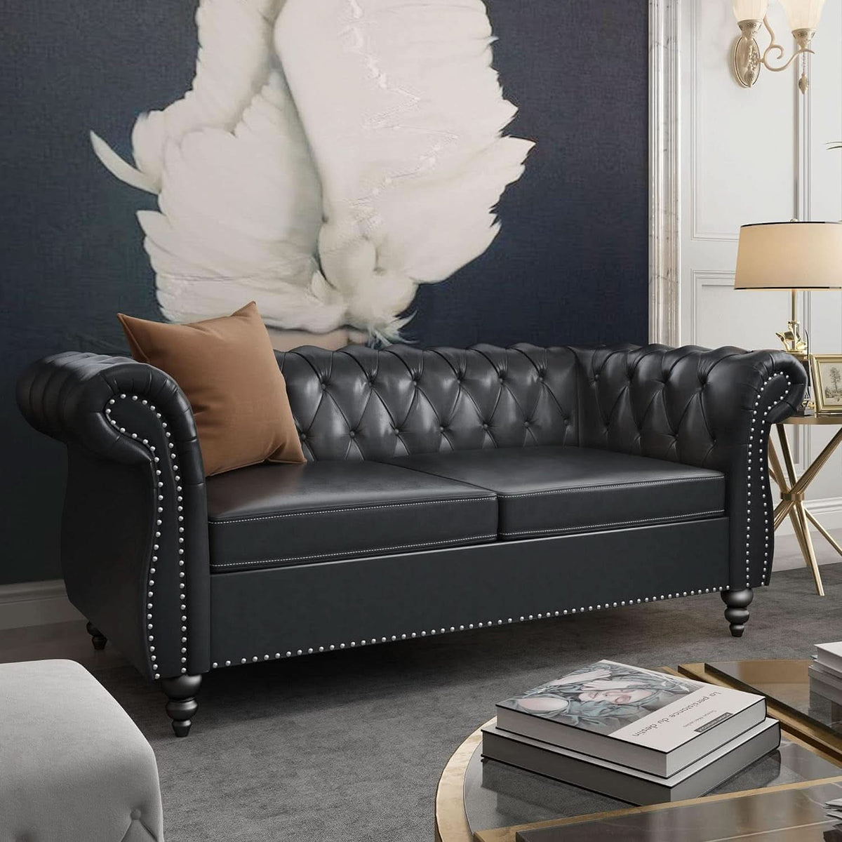 Two Piece Chesterfield Leather Living Room Set With Black Leather Loveseat And Chair-3