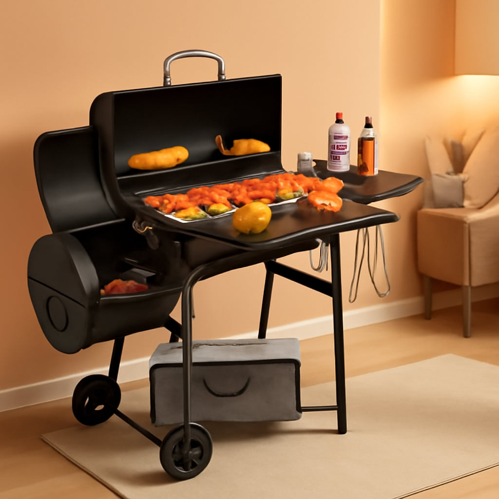 Black PorcelainEnamelCoated Barrel Charcoal Grill Offset Smoker