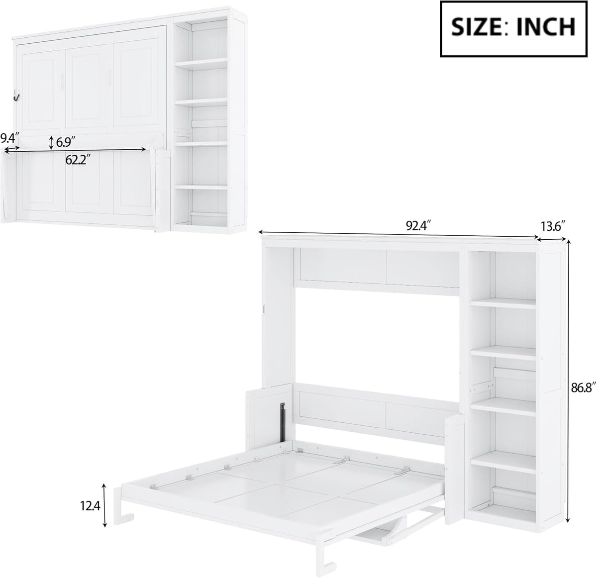 Queen Murphy Bed Desk Workspace Integrated Bookshelf White