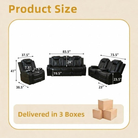 Black Luxurious Leather Power Reclining Sectional Sofa