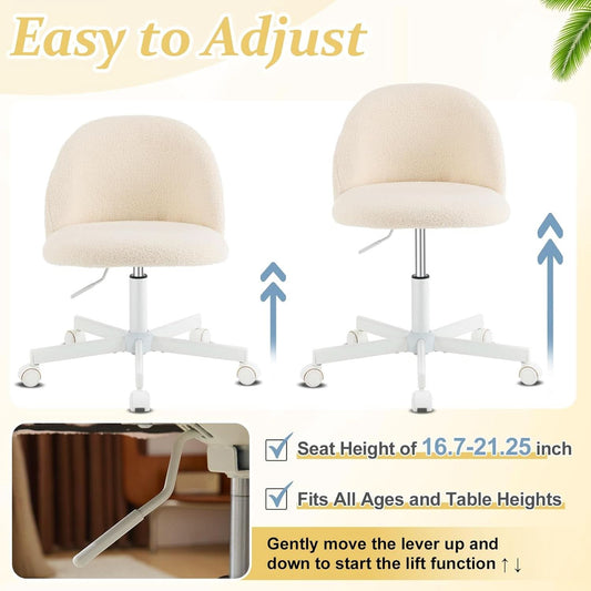 Armless Creamy Beige Teddy Fleece Office Desk Chair With Wheels