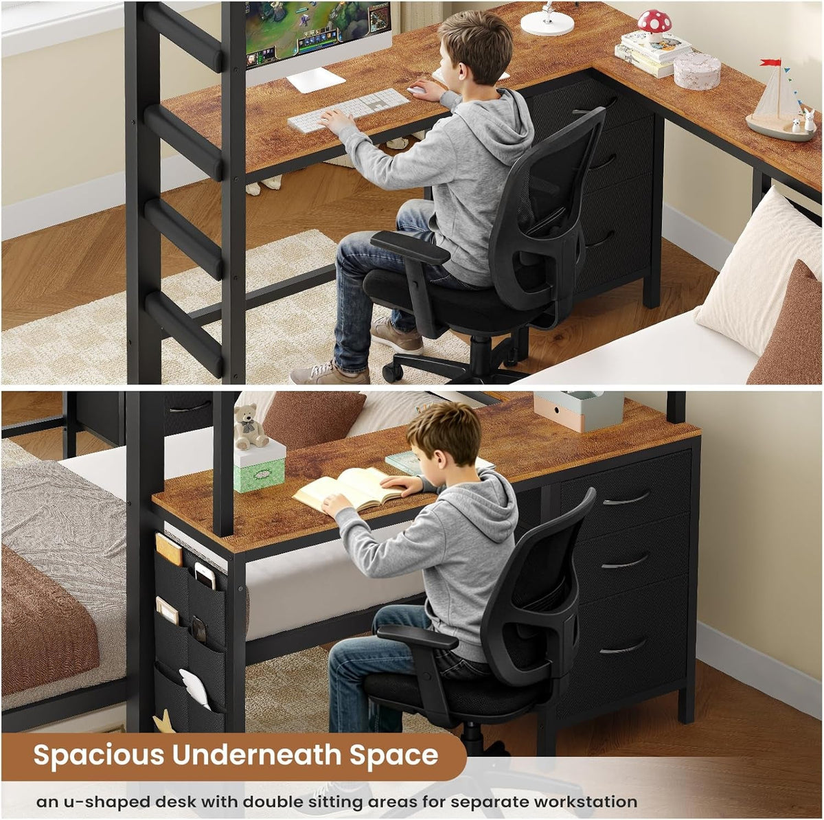 Black Industrial Twin Bunk Bed Desk BuiltIn Storage Drawers