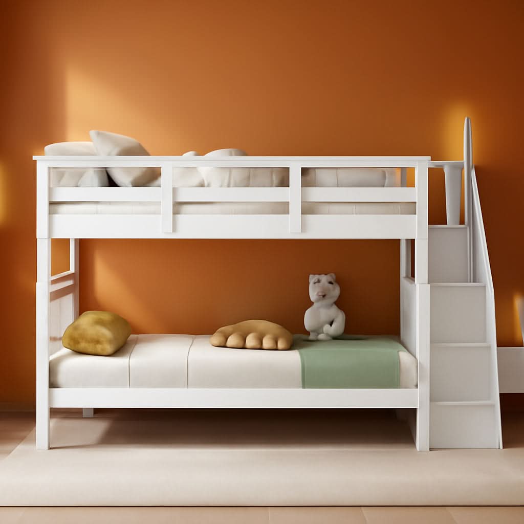 Twin Over Twin Bunk Bed With Stairs Solid Wood White