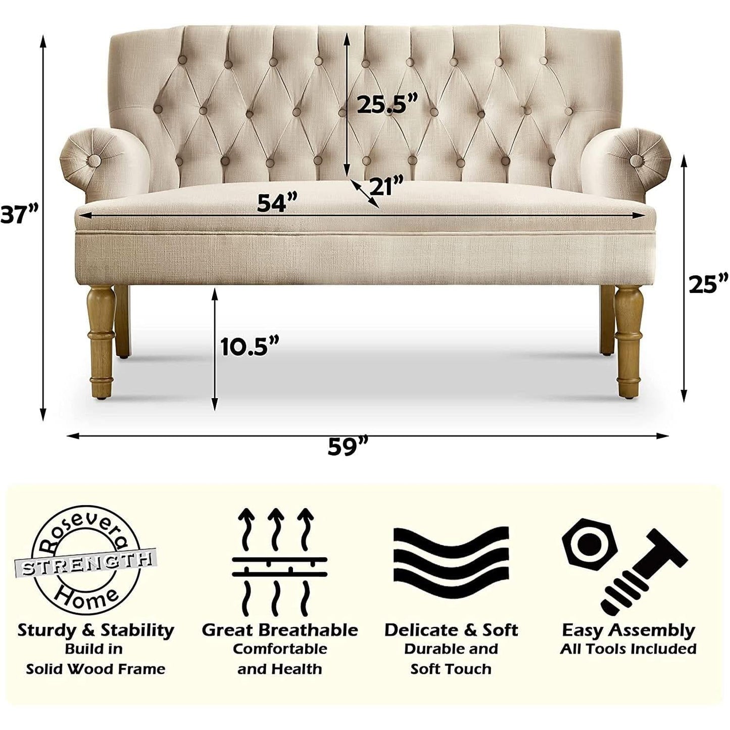 Warm Beige Tufted Loveseat Sofa Set With Rolled Arms And Linen Fabric