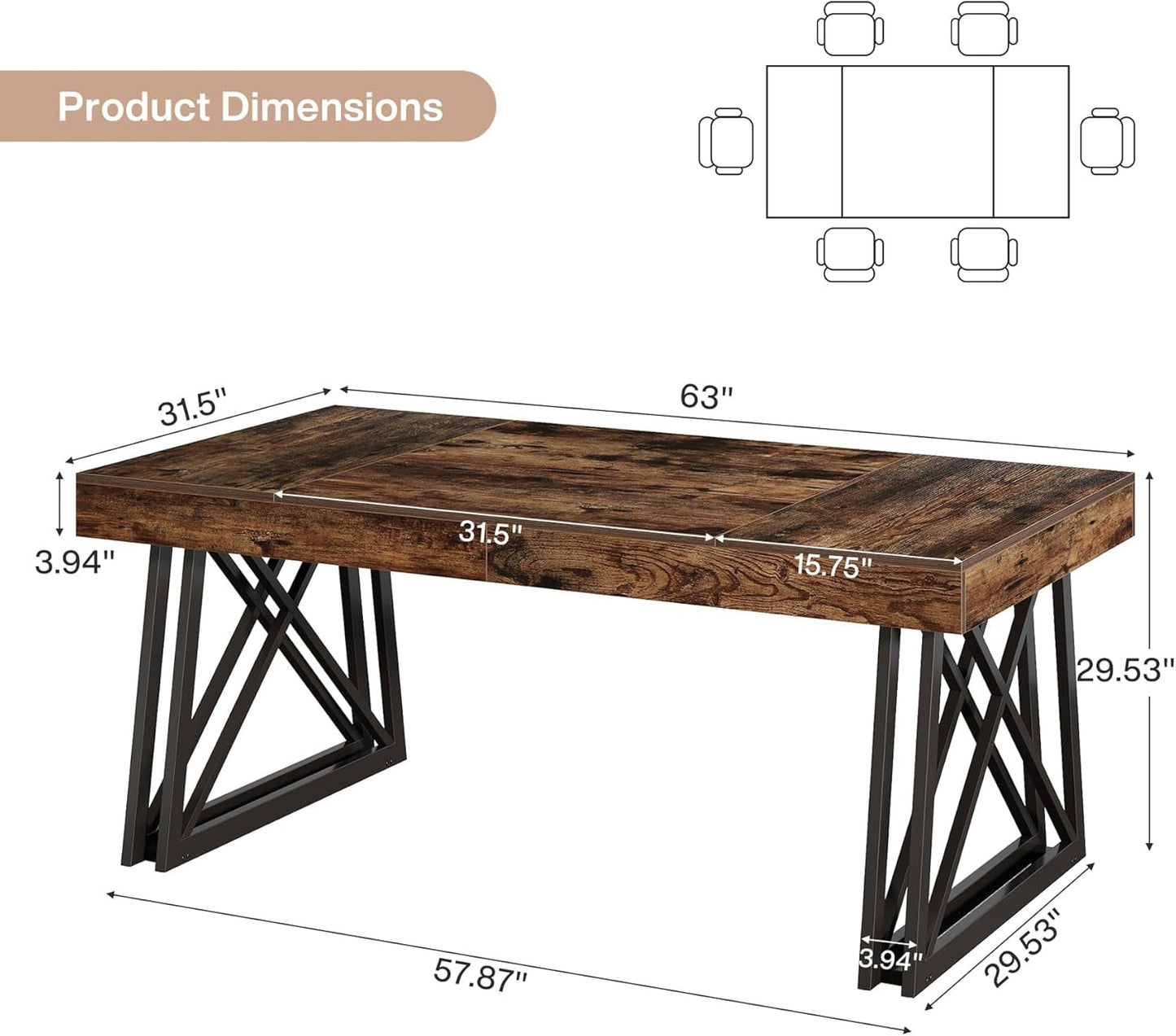 Industrial Style Brown Farmhouse Dining Table Metal Legs