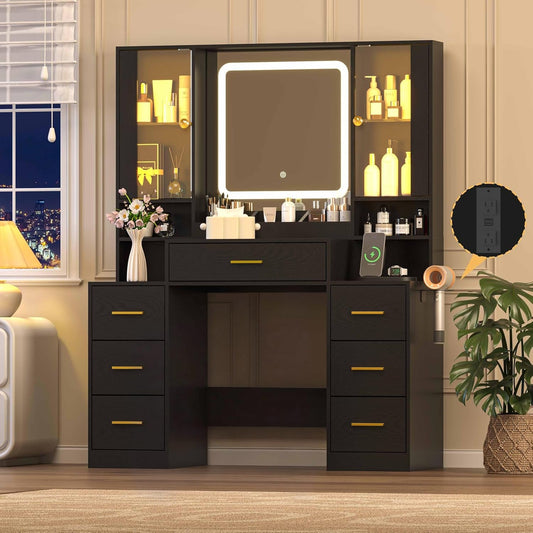 Black Makeup Vanity Tabletop With Illuminated Mirror