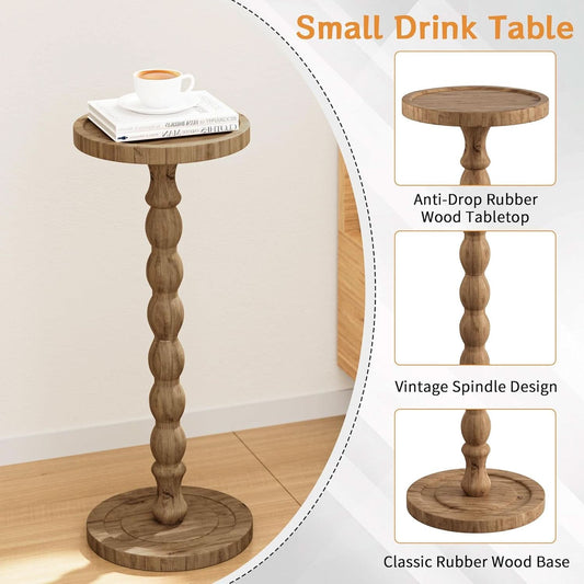9.4 Inch Round Rubberwood End Table Brown Textured Finish