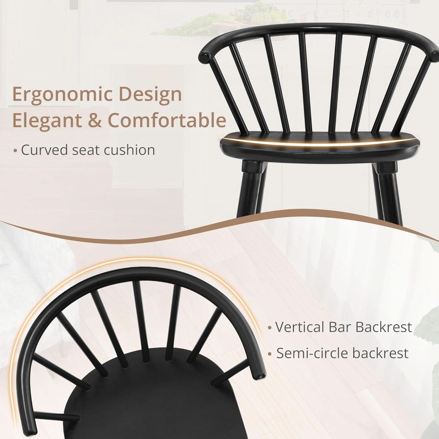 Black Farmhouse Wood Dining Chairs Semicircular Backrest