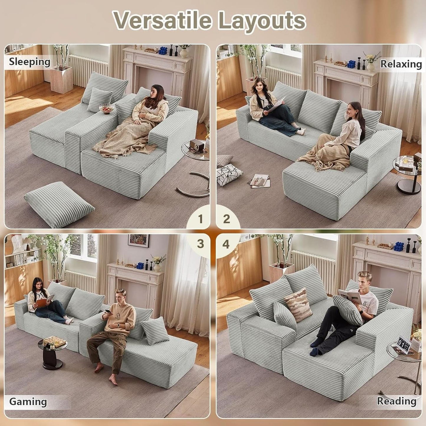 107 Inch Grey Corduroy L Shaped Modular Sleeper Sofa
