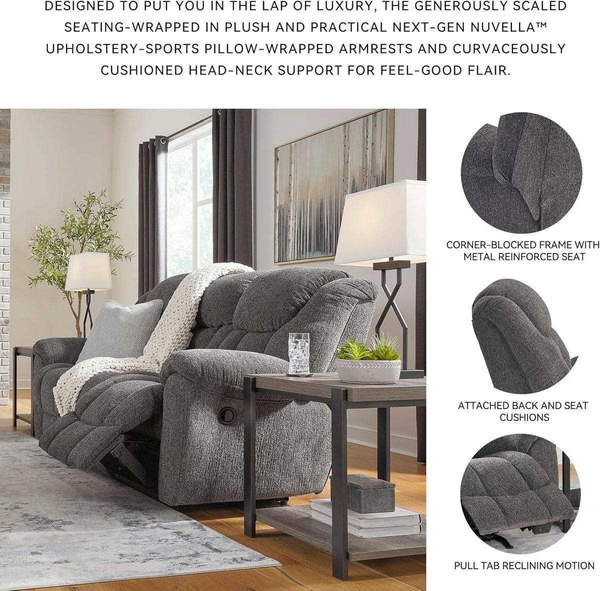Gray Manual Reclining Sofa Stain Resistant Upholstery
