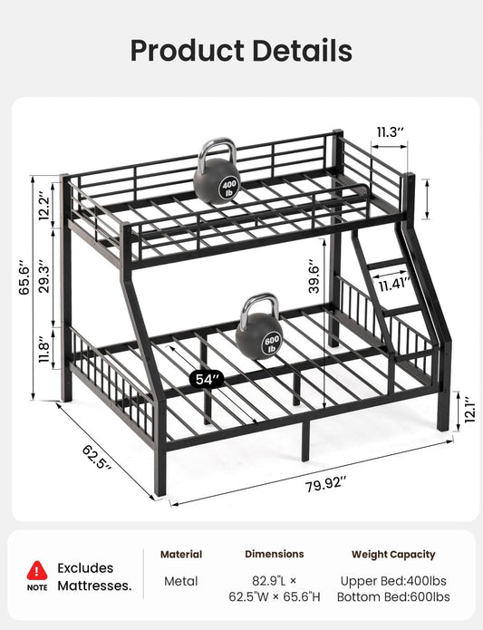 Twin XL Queen Bunk Bed Black Industrial Grade Steel Frame