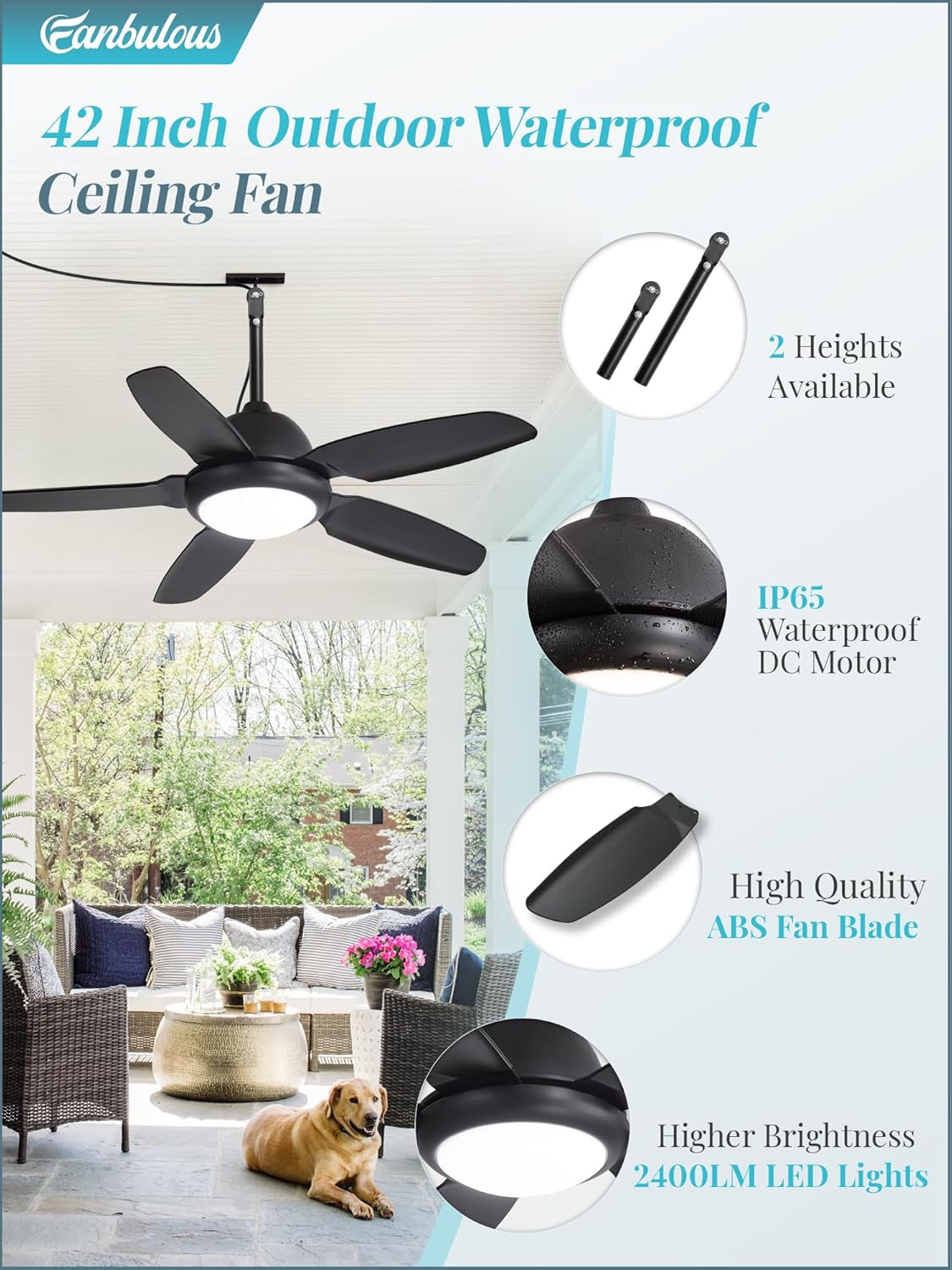 42-Inch Waterproof Outdoor Ceiling Fan Illuminated