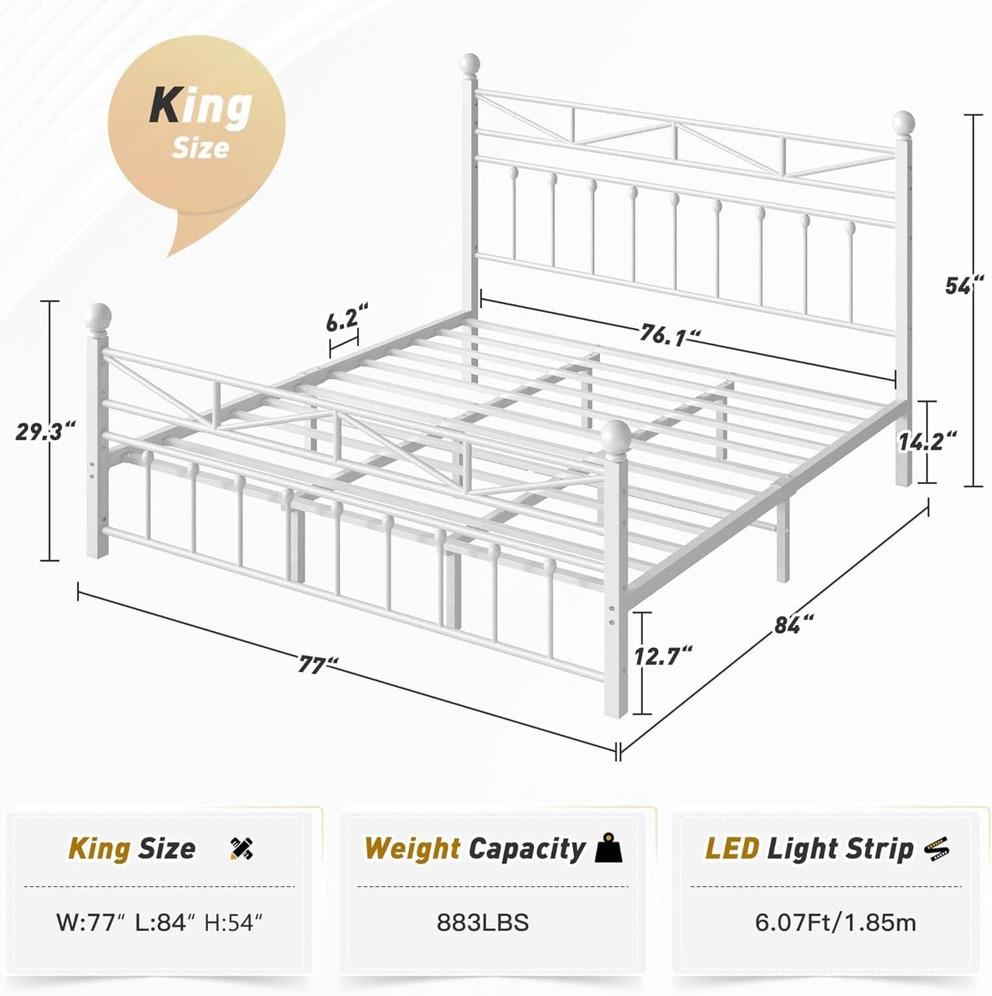 King Industrial Strength Bed Frame With Led Head board