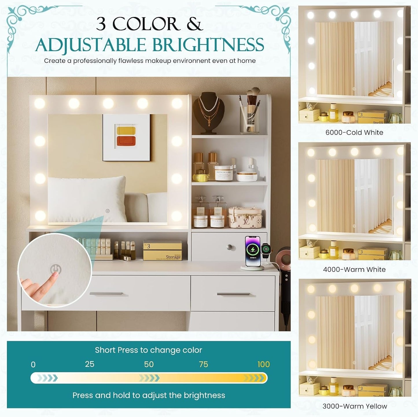 White LED Vanity Table With Integrated Illumination