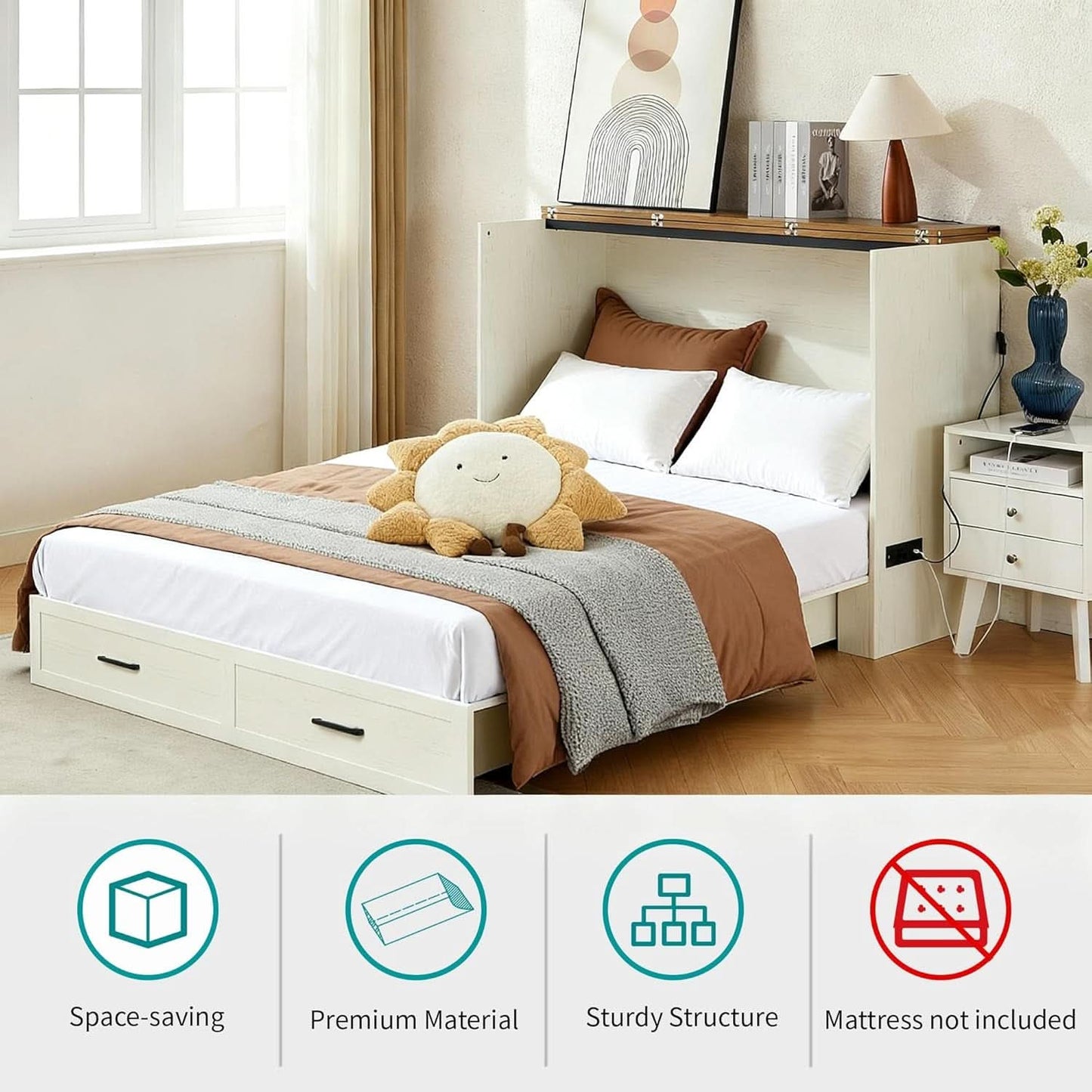 Queen Murphy Bed With Charging Station Rustic White