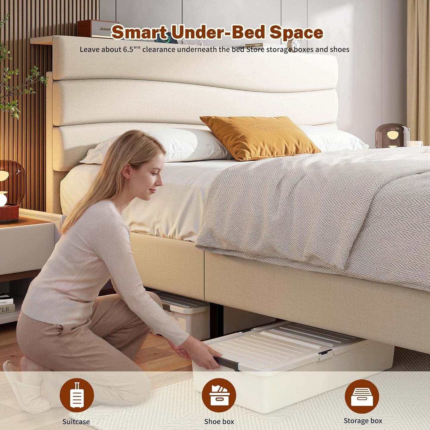 Beige Queen Size Upholstered Bed Frame Charging Ports