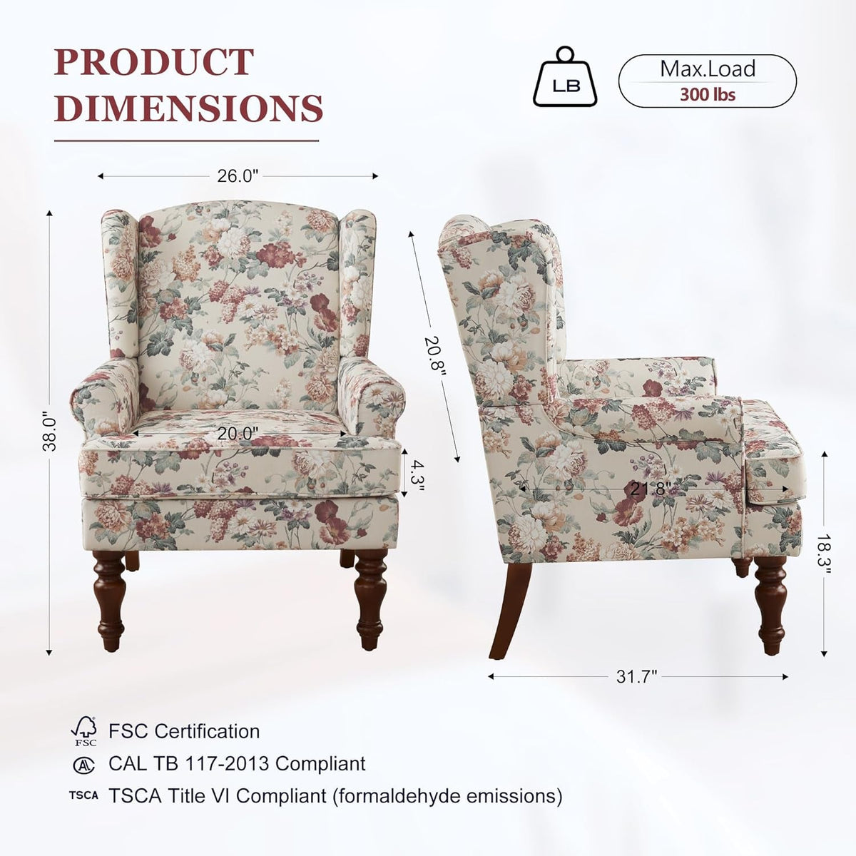 Red Floral Wingback Accent Chair Linen Upholstered