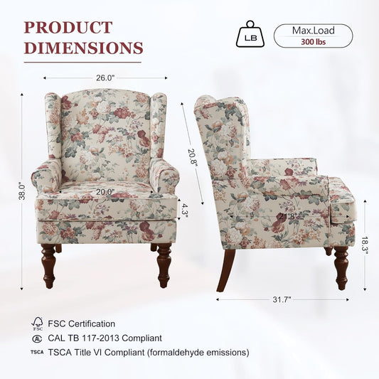 Red Floral Wingback Accent Chair Linen Upholstered